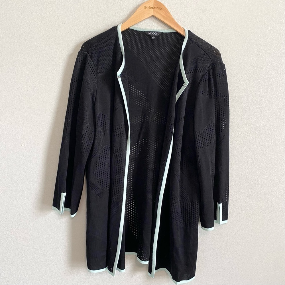 Misook Black and Blue Trim Luxury Knit 3/4 Sleeve Sweater Cardigan Size Large